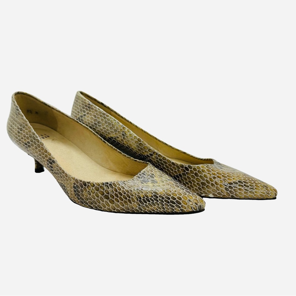 Stuart Weitzman Brown Embossed Croc Leather Kitten Heels Pointy Toes Size 9.5M